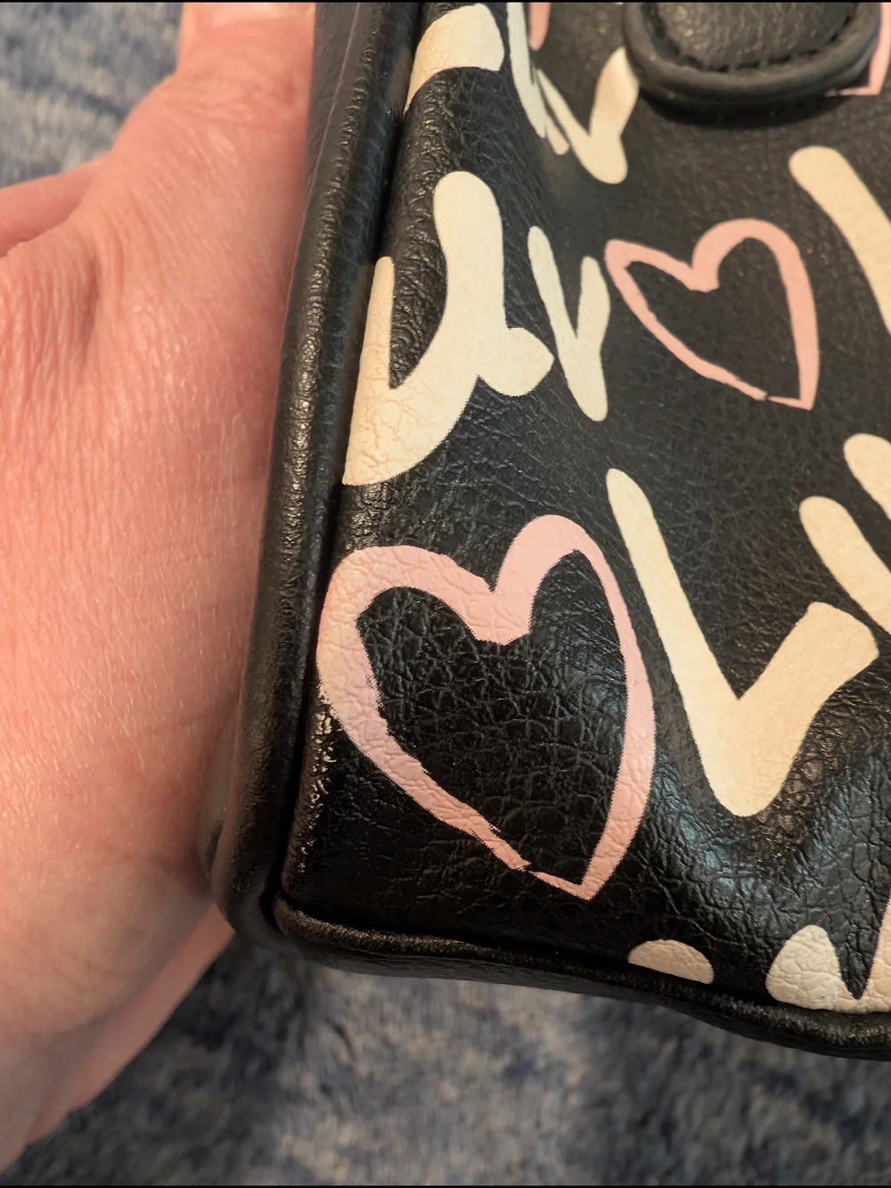 Betsey Johnson Black Cosmetic Bag with Pink and Cream Heart Luv Print